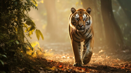 realistic tiger with bushy tail and black ears, walking on a dirt path through a forest with tall trees and colorful leaves, with rays of sunlight and mist creating magical atmosphere - obrazy, fototapety, plakaty