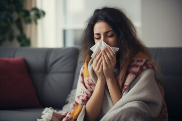 girl with a cold or allergy blows her nose into a handkerchief