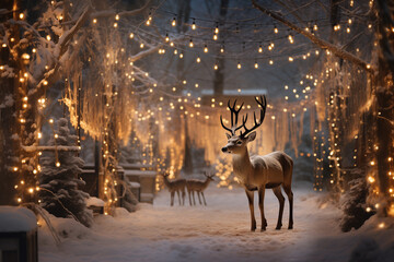 beautiful deer walk through the festively decorated New Year's yard