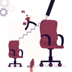 Giant pencil draws staircase and confident employee running to large office chair. Skills improvement, mentoring for career advancement. Career ladder, job promotion