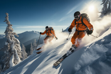 two skiers rushing along a mountain slope on a sunny, frosty day