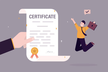 Human hand give certificate paper for happy student with for work achievement. Certificate on taking course, award for best work or diploma document.