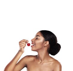 Beauty, portrait or woman and eating a cherry on png transparent background for health and...