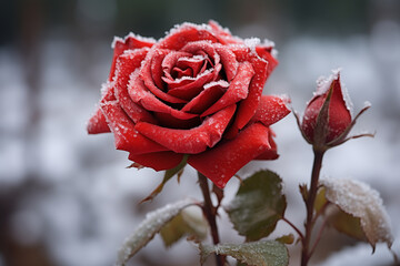 beautiful red rose in the snow on a frosty day