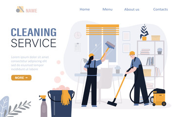 Cheerful cleaning team wash window and floor. Group of janitors, cartoon characters. Staff dressed in uniform. Cleaning service, landing page template. - obrazy, fototapety, plakaty