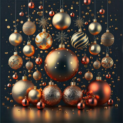 Obraz na płótnie Canvas Christmas celebration holiday banner template greeting card panorama - Collection of golden Christmas baubles forming a border - Generative AI