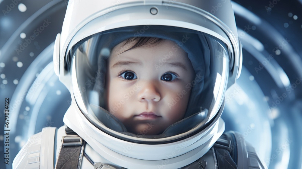 Wall mural portrait of a astronaut child with the spacesuit and helmet in the spaceship background.