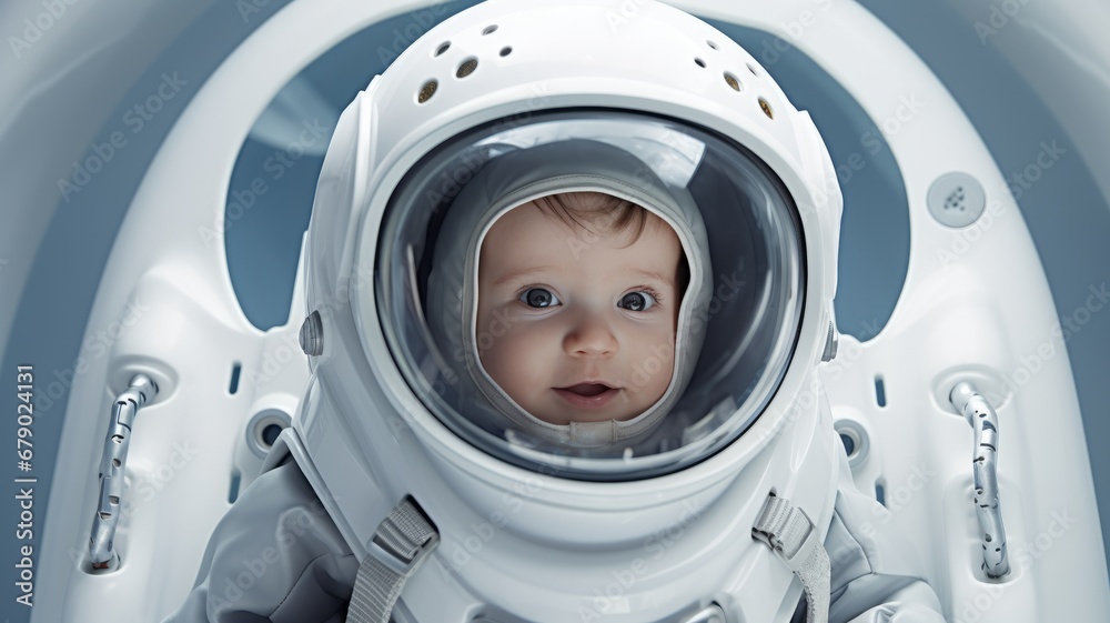 Wall mural portrait of a astronaut child with the spacesuit and helmet in the spaceship background.