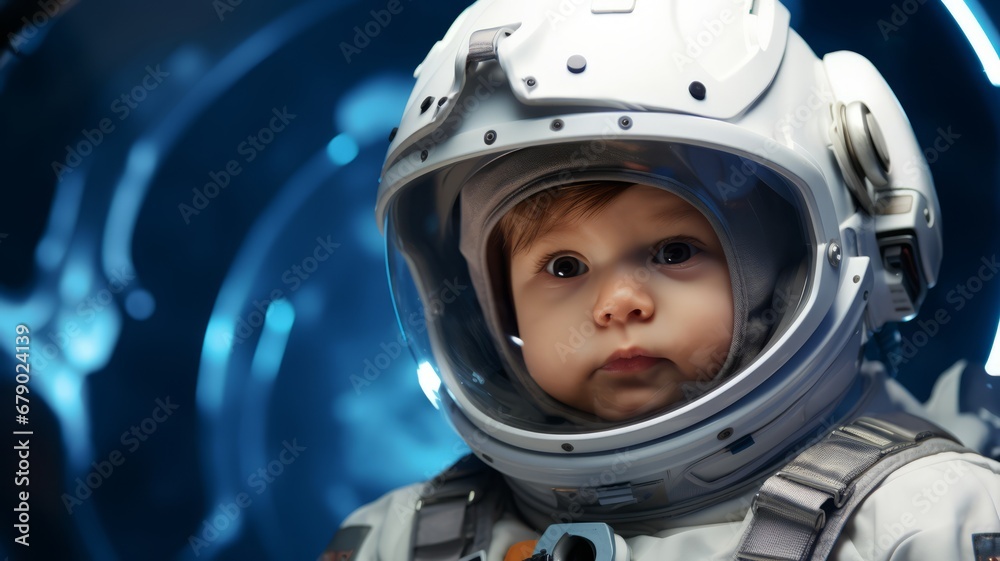 Wall mural portrait of a astronaut child with the spacesuit and helmet in the spaceship background.