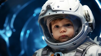 Portrait of a astronaut child with the spacesuit and helmet in the spaceship background.