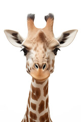 Giraffe close-up portrait, isolated on white background. Front view