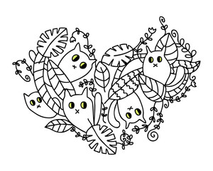 Heart shaped doodle pattern with cute cats in the rainforest. Perfect print for tee, poster, card, sticker, banner. Hand drawn vector illustration.