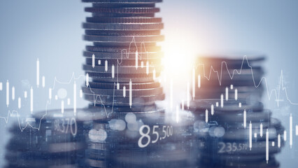 Double exposure of coins and city background for finance and banking concept,Financial,...