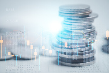 Double exposure of coins and city background for finance and banking concept,Financial, investment,saving, business concept.