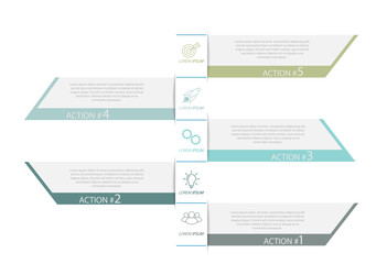 5 stages of development, improvement or training. Infographics with visual action icons for business, finance, project, plan or marketing