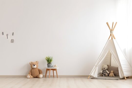 Cozy minimalist nursery room, Baby newborn room interior, Light colors, Scandinavian style. Generative ai