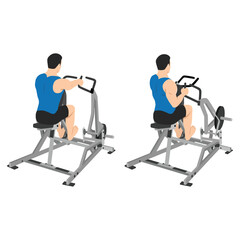 Fototapeta na wymiar Man doing seated lever machine one arm row exercise. Flat vector illustration isolated on white background