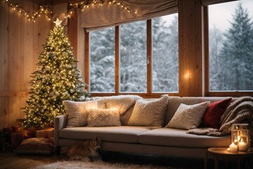 Cozy winter light interior. A sofa, pillows, a window overlooking a snowy forest and a Christmas tree with lights. Merry Christmas and New Year greeting card.