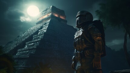 Ancient Astronaut Visiting Mayan Civilization - obrazy, fototapety, plakaty