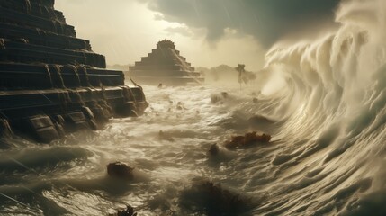 The Great Flood Destroying an Ancient Civilization with Pyramids - obrazy, fototapety, plakaty