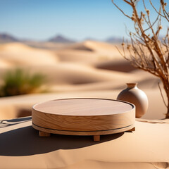 empty wooden tray on desert background.Generative AI.
