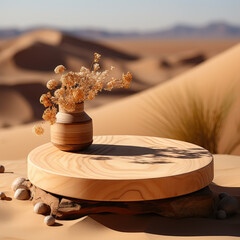 empty wooden tray on desert background.Generative AI.