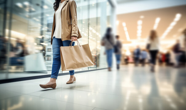 Blurred background of a modern shopping mall with some shoppers. Stylish women looking at showcase, motion blur. Abstract motion blurred shoppers with shopping bags.
