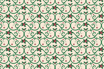 Christmas flourishes swirls holly leaves Seamless Pattern, winter vibes berry leaf modern Christmas pattern, holiday green ornate Christmas pattern, wrapping paper holiday holly printing fabric 
