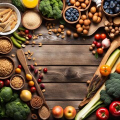 Selection of healthy food on rustic wooden