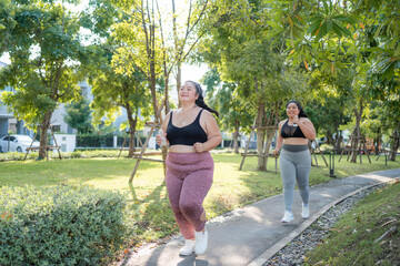 Happy plus size asian woman running in a park for health, wellness and outdoor exercise. Nature,...
