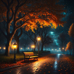 Enchanting 8K autumn street: Glowing lamps, stars, and abandoned bench in a mysterious, high-quality, dark view.