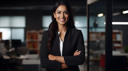 A confident asian indian businesswoman stands tall, her curly hair framing her determined smile as she crosses her arms in her stylish office