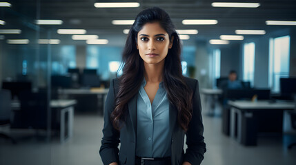A confident asian indian businesswoman stands tall, her curly hair framing her determined smile as she crosses her arms in her stylish office - Powered by Adobe