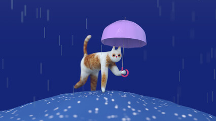 Sad cartoon cat with umbrella stands in pouring rain under umbrella. Background with copyspace. 3d render, 3d illustration.