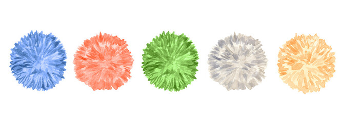Realistic set of 5 Pom Poms.  Blue, red, green, grey-beige and yellow hairy balls pompons. Hand drawn watercolor illustration isolated on transparent. - obrazy, fototapety, plakaty
