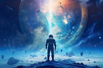 Fototapeta na wymiar An astronaut standing on a blue background in nebula.