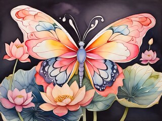 Una caprichosa mariposa de acuarela, sus alas son un caleidoscopio de colores, posada en una flor de loto - obrazy, fototapety, plakaty