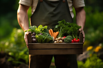 Fototapeta premium Farmer holding wooden box full of fresh raw vegetables. harvesting concept