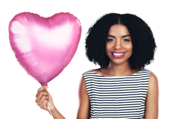 Happy woman, portrait or heart balloon for love, romance or date isolated on png transparent background. Smile, shape or person in celebration for valentines day, freedom or kindness for care or fun