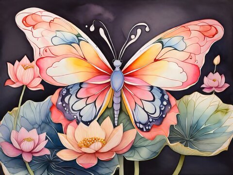 Una caprichosa mariposa de acuarela, sus alas son un caleidoscopio de colores, posada en una flor de loto