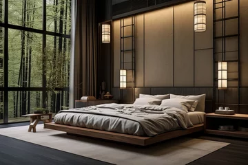 Zelfklevend Fotobehang Small japanese style bedroom with ceiling lights © Denis