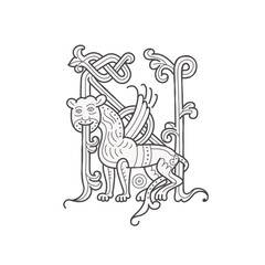 N letter logo. Medieval drop cap monogram. Initials made of spiral Celtic beasts, lion, leopard. Gothic illuminated calligraphy. Middle Ages heraldic ornate capitals. Germanic font for pagan tattoos.