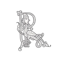 R letter logo. Medieval drop cap. Initial made of spiral Celtic pattern and king head. Gothic illuminated calligraphy. Middle Ages heraldic ornate monogram. Irish emblem for pagan music, potions adv.