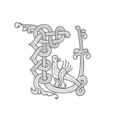 U letter logo. Medieval drop cap monogram. Initials made of spiral Celtic eagle, bird, falcon. Gothic illuminated calligraphy. Middle Ages heraldic ornate capitals. Germanic font for pagan tattoos.