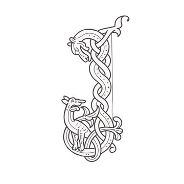 J letter logo. Medieval drop caps monogram. Initials made of spiral Celtic beasts, snake, dragon. Gothic illuminated calligraphy. Middle Ages heraldic ornate capitals. Germanic font for pagan tattoos.