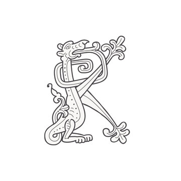K letter logo. Medieval drop caps monogram. Initials made of spiral Celtic beasts, snake, dragon. Gothic illuminated calligraphy. Middle Ages heraldic ornate capitals. Germanic font for pagan tattoos.