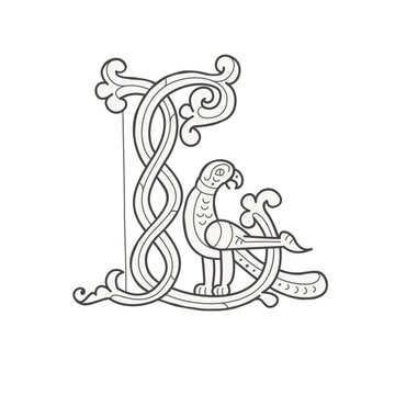 L letter logo. Medieval drop cap monogram. Initials made of spiral Celtic eagle, bird, falcon. Gothic illuminated calligraphy. Middle Ages heraldic ornate capitals. Germanic font for pagan tattoos.