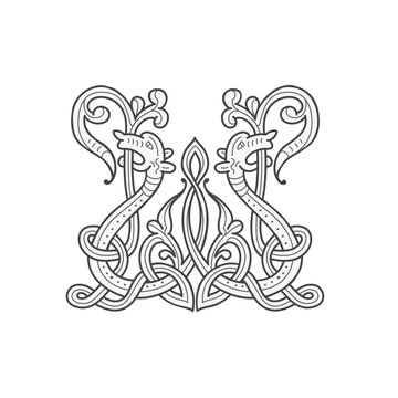 W letter logo. Medieval drop caps monogram. Initials made of spiral Celtic beasts, snake, dragon. Gothic illuminated calligraphy. Middle Ages heraldic ornate capitals. Germanic font for pagan tattoos.