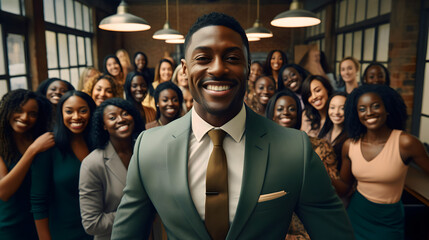 A black man in a stylish suit stands confidently while surrounded by a group of admiring women smiling at him - obrazy, fototapety, plakaty