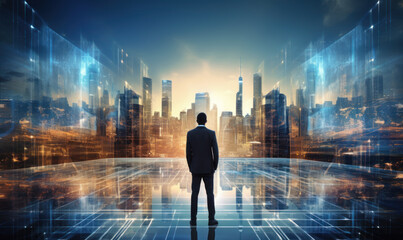 Double exposure image of the engineer standing back during sunrise overlay with cityscape image and futuristic hologram